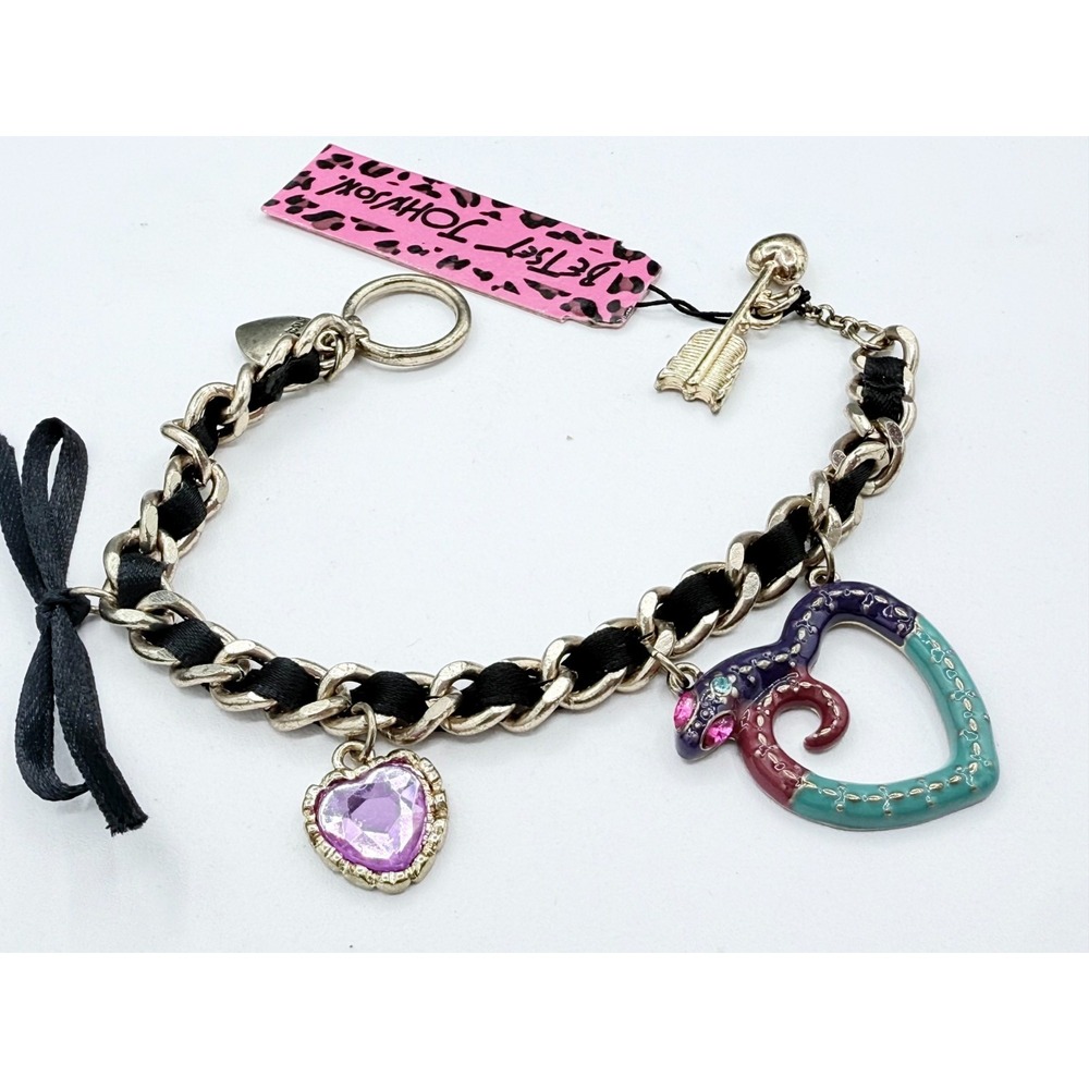 Rare Vintage Betsey Johnson Whimsigoth Heart & Snake Charm Bracelet Ribbon Chain